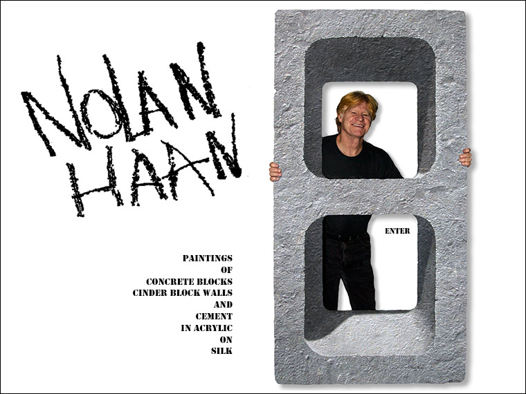 concrete block on silk, held by artist Nolan Haan
